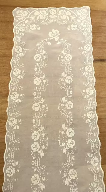 ~ Antique Chiffon Roses Floral Lace Runner Sheer Dresser Scarf Soft Ivory ~