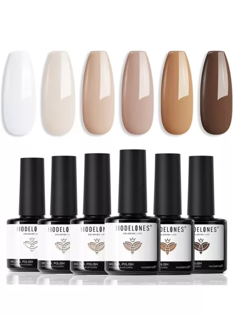 Modelones Gel Nail Kit Polishes 6 Colors Nude White Brown Autumn Soak Off UV Gel