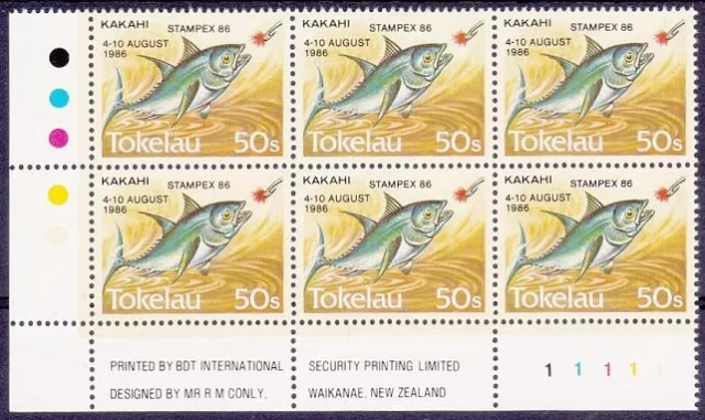 TOKELAU 1986 AÑOS 50 pescado con sobreimpresión STAMPEX 86 montado sin montar o nunca montado - bloque de placas de 6......z371