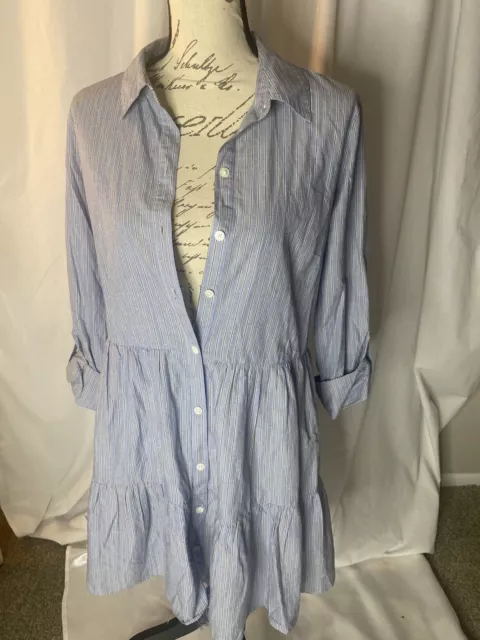 Veronica Beard Womens Dress Medium Blue Stripe Jemila Tiered  Shirtdress Mini