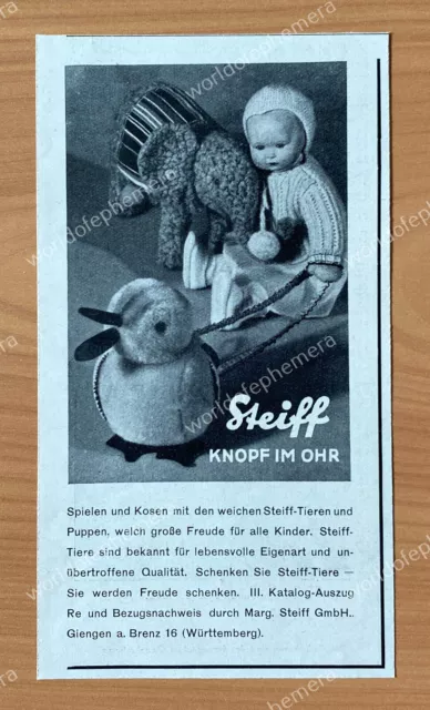 Steiff Ente Elefant und Puppe Knopf im Ohr Margarete Steiff Giengen 1934