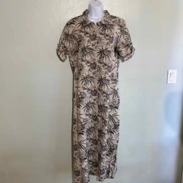 NWOT Coldwater creek linen cotton blend long shirt dress, tan w black tropical L