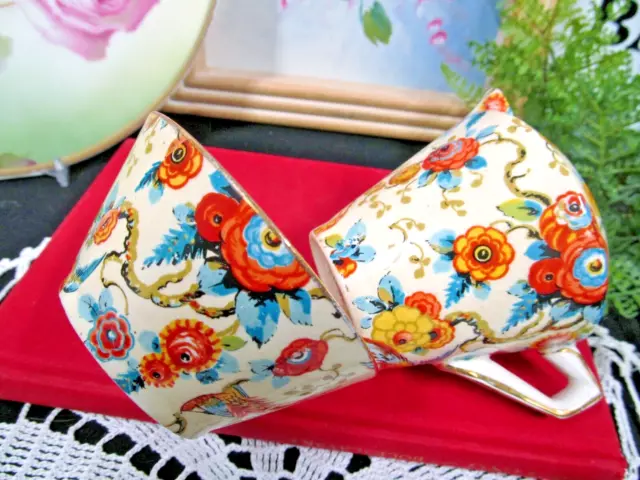 Royal Winton  creamer & sugar holder set chintz Parrot bird floral Grimwades