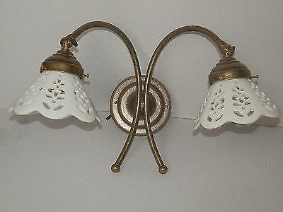 Originale Applique lampada in ottone liberty a 2 luci da parete con ceramiche