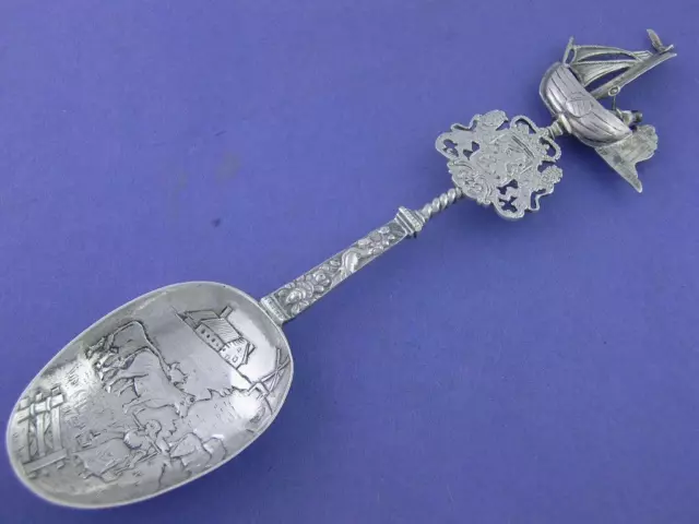 Old Dutch .833 Silver 8 1/8" Figural / Ornamental Serving Spoon w/ Ship handle