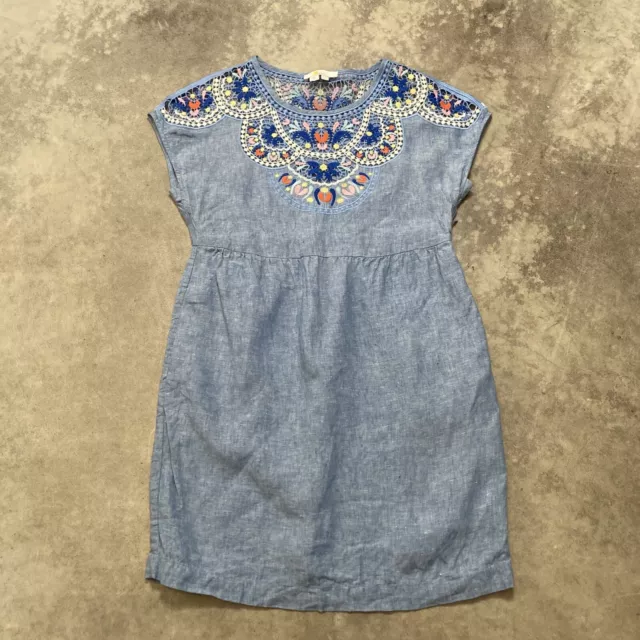 Boden Dress Womens Size 6 Petite Blue Fleur Embroidered Linen Chambray Comfort