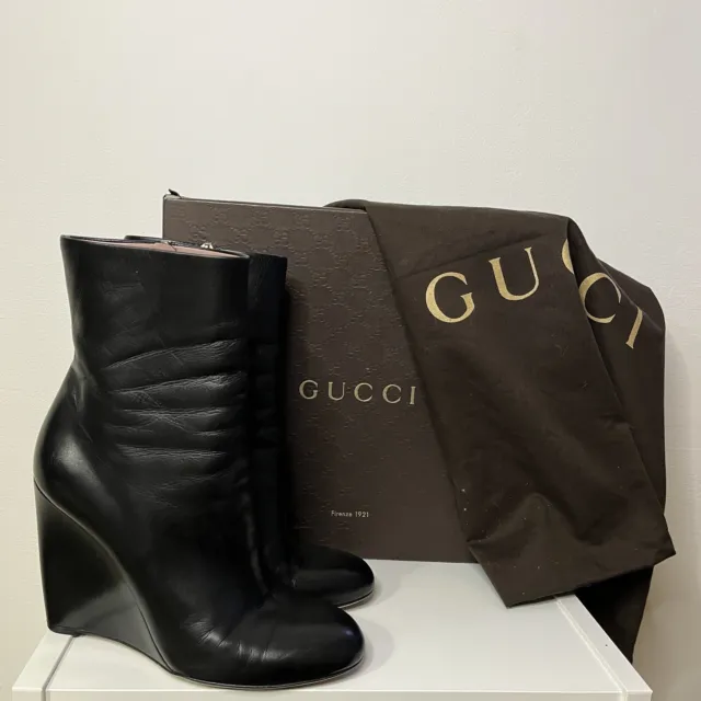 GUCCI WEDGE HEEL Ankle Boots UK 7 Black Smooth Leather With Dust Bag ...