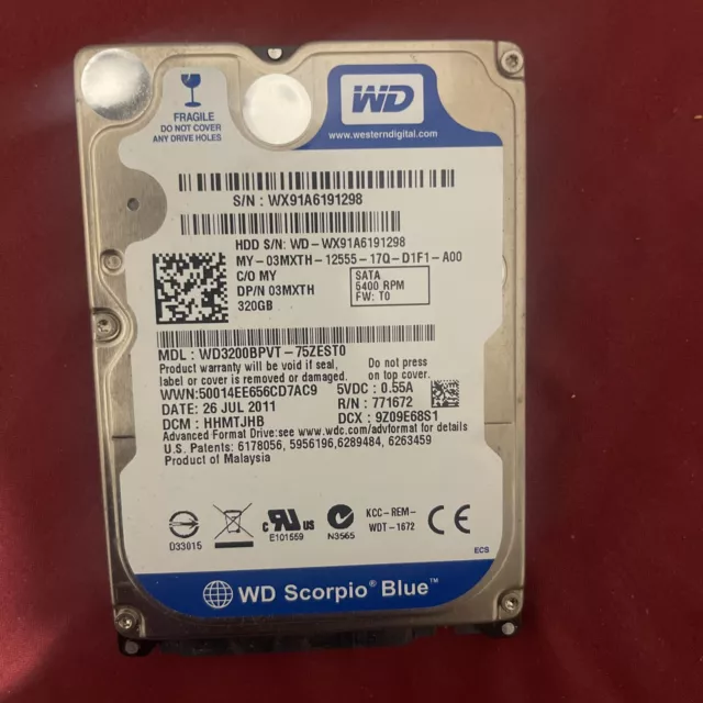 Western Digital WD 2.5" 320GB Internal Laptop SATA Hard Disk HDD WD3200BPVT