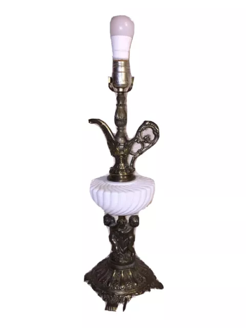 Vntg. Bronze Parlor Table Lamp W/White Glass Globe In Middle Genie Lamp Cherubs
