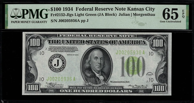 1934 $100 Federal Reserve Note - Kansas City - LGS - FR. 2152-J - PMG 65 EPQ