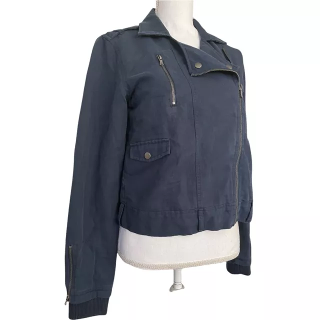 Paige Womens Medium Marjorie Moto Jacket Blue Linen Blend Zippers #CH22C