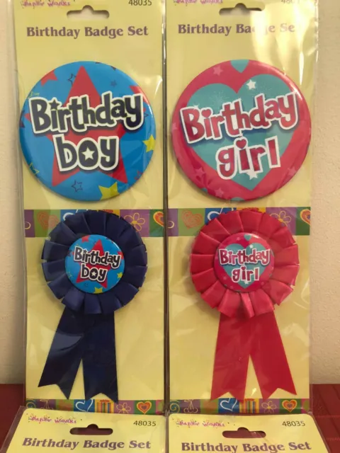 Happy Birthday Boys/Girls Badge Blue Pink  Deluxe Ribbon Safety Pin For Party