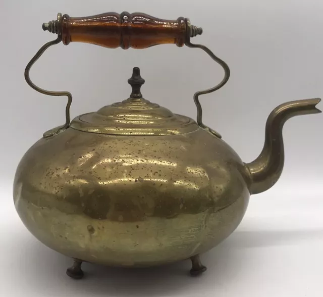 Victorian Brass Teapot Blown Glass Handle/Galvanized/British/Marked With A Sun.