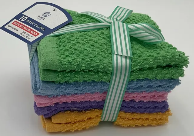 10 Pack Washcloth Towel Set / Face Cloths 100% Cotton Absorbent Kitchen 12x12