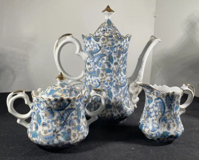 Vintage Lefton  Blue Paisley Teapot with Sugar Bowl and Creamer Set