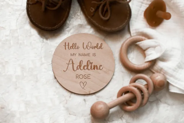Personalised Hello World Baby Arrival Wooden Sign, Engraved Baby Name Plaque