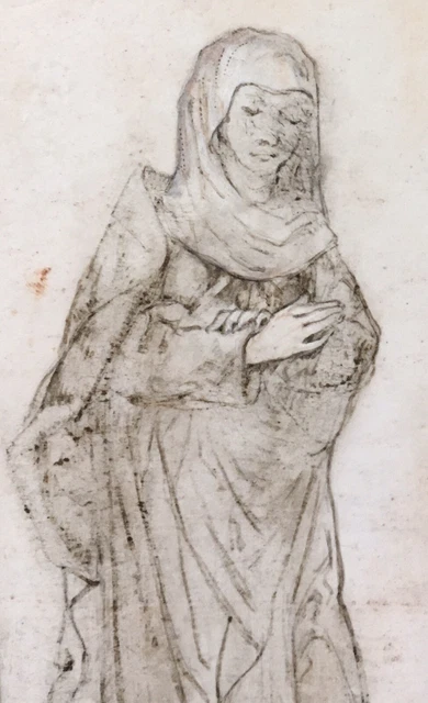 DESSIN ANCIEN ENCRE Parchemin Portrait Marie Madeleine Moyen Age Vanité ...