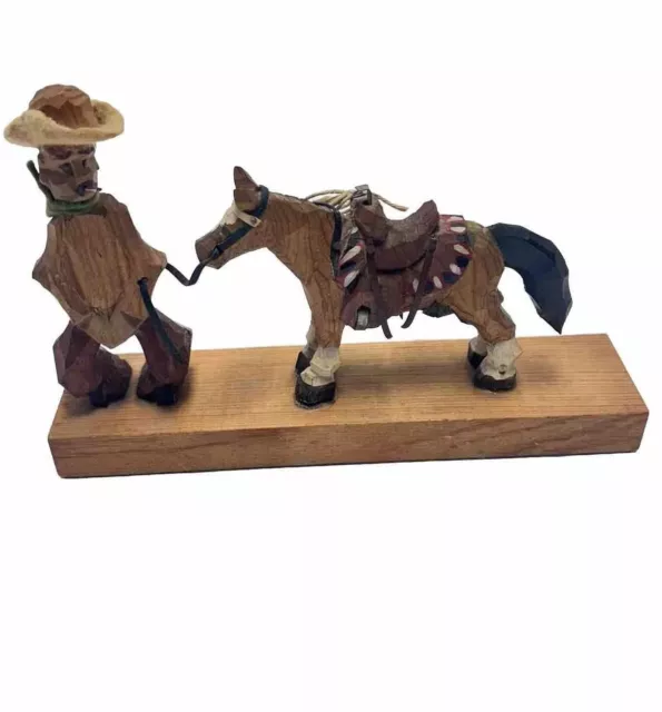 RARE VTG Hand Carved Wooden Smoking Cowboy & Horse Statue Folk Art Caricature