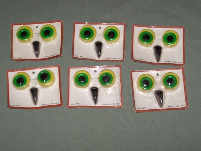 6 Sets Vintage Owl Faces Eyes Beak Plastic Yellow Green Bead Kit Hong Kong 70's