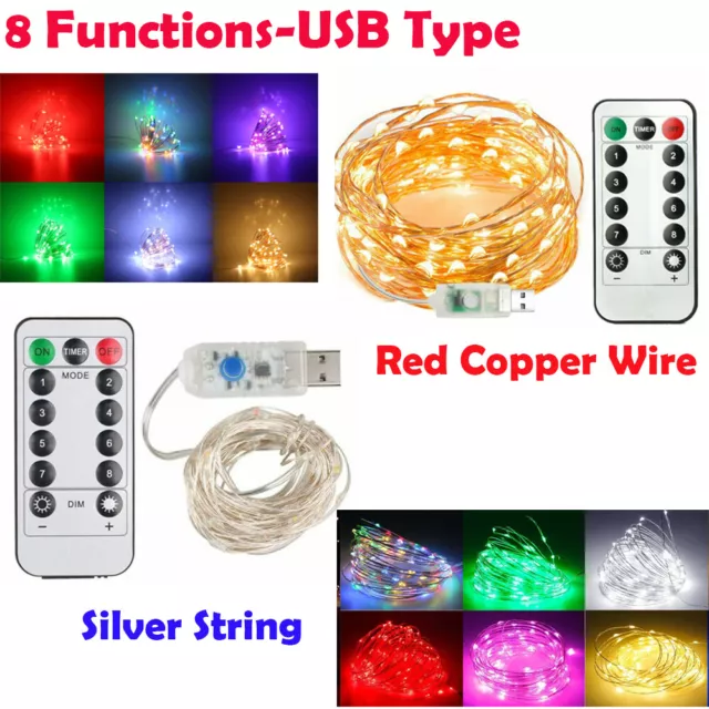 8 Modes LED Copper Wire Fairy String Lights 5M 10M Battery USB Operated Remote