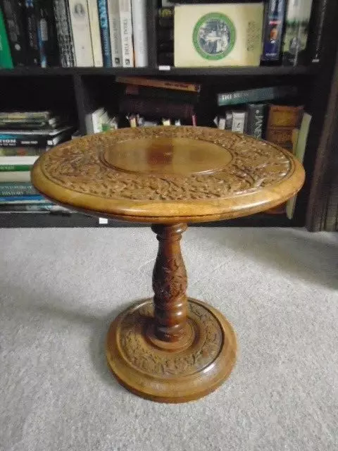 Indian Hand Carved Wood side occasional coffee table round floral decoration