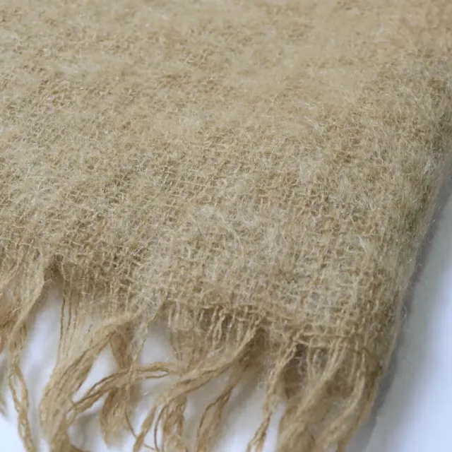 Mohair Wool Blend Throw Blanket Fringed Hand Made South Africa Beige 52" x 60"