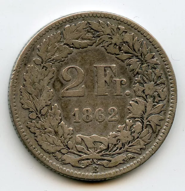 Switzerland 2 Francs Silver 1862 B Km