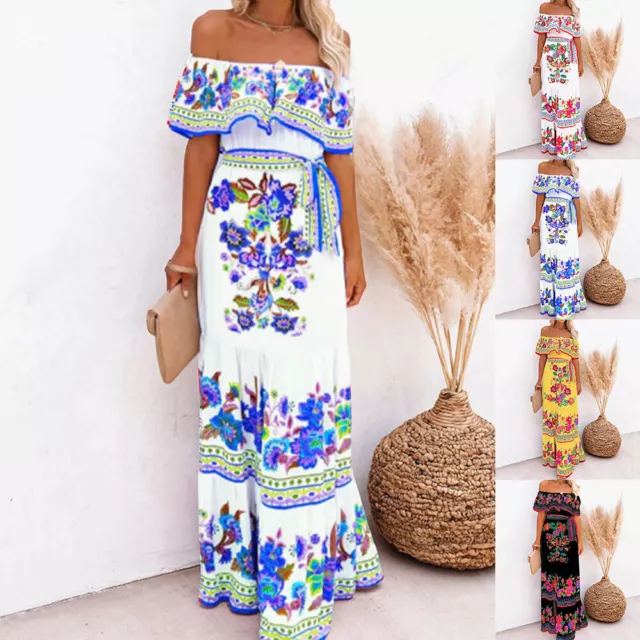 Women's Boho Floral Off Shoulder Maxi Dress Ladies Summer Beach Holiday Sundress