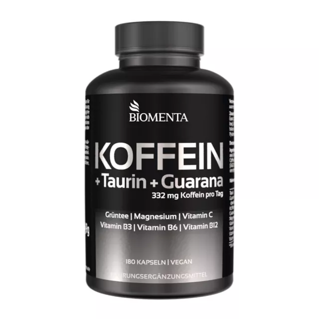 [116,14€/1kg] Taurin Guarana Koffein Kapseln hochdosiert -BIOMENTA- 180 St.