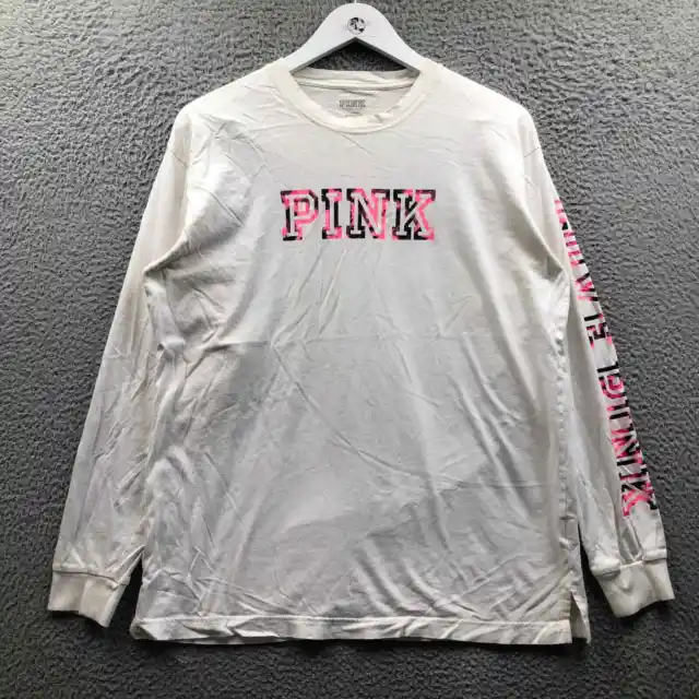 Pink Victoria's Secret T-Shirt Womens M Long Sleeve Graphic Logo Crew Neck White