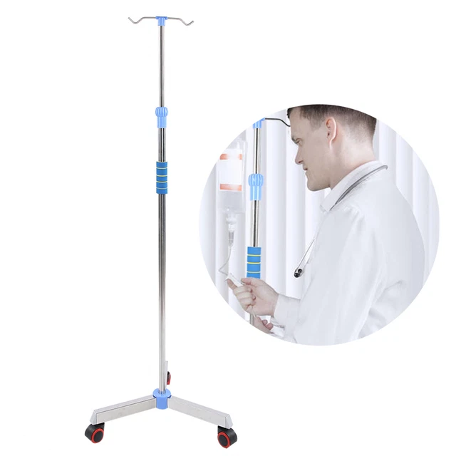 Adjust IV Pole Stainless Steel IV Drip Stand Infusion Holder With 2 Hooks JFF