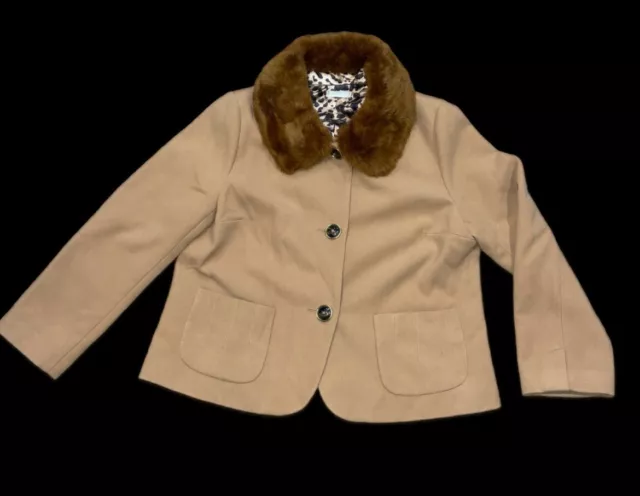 Laura Ashley Women’s Beige Tan Jacket Blazer Coat Removable Faux Fur Collar