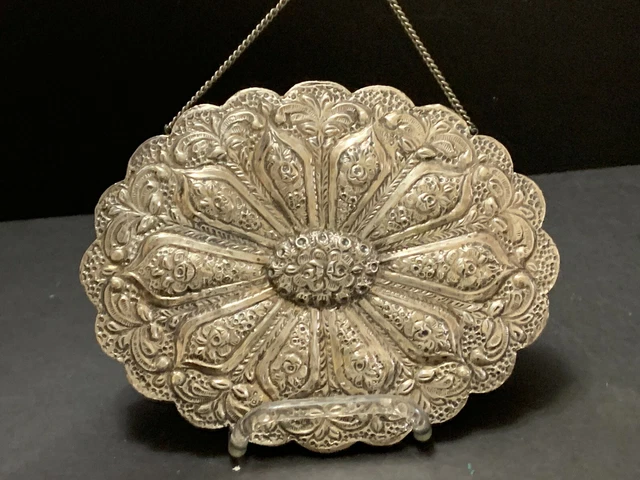 Turkish Wedding Mirror Kara 900 Silver Fancy Roses Repousse 8"x6.5" Hanging Oval