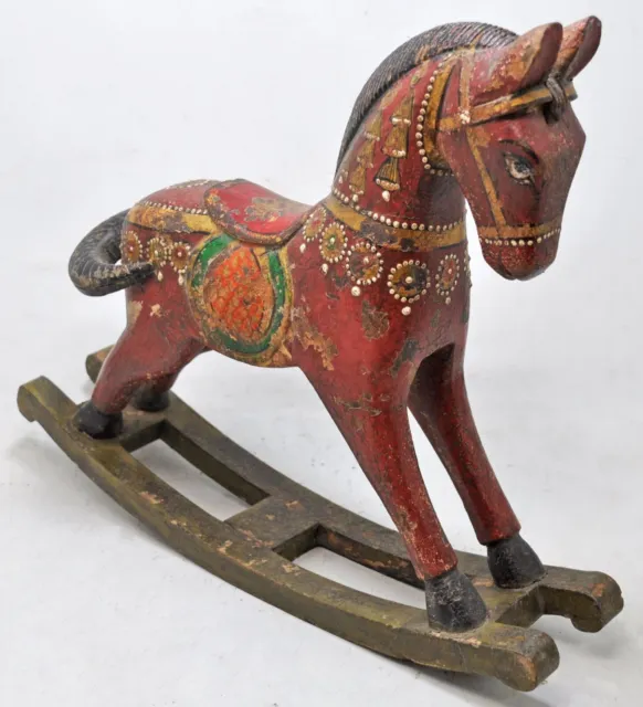 Hand Carved Fine Wooden Rocking Horse Figurine Finely Hand Painted Rustic Brown