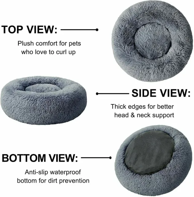 Donut Plush Pet Dog Cat Bed Fluffy Soft Warm Puppy Calming Bed Kennel Nest, Grey 5