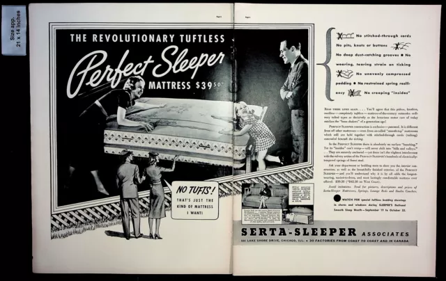 1938 Serta-Sleeper Perfect Tuftless Mattress Furniture Vintage Print Ad 39600