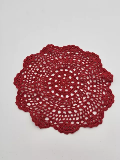 Vintage Red Hand Made Crocheted Doily Scalloped Edge