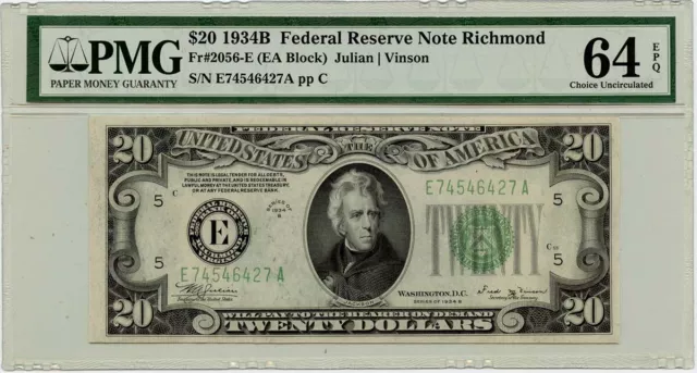 1934B $20 Federal Reserve Note Richmond FR#2056E PMG CU64 EPQ