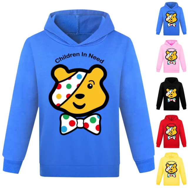 Kids Pudsey Bear Children in Need Dotted Hoodie Jumper Hooded Sweatshirt Tops UK