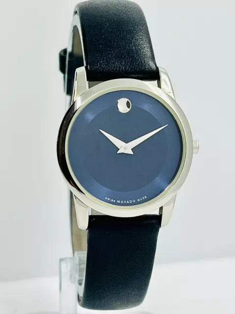 Movado Women's Museum Classic Blue Dial Silver/Black Leather Sapphire 28mm Watch