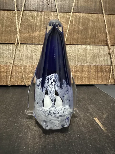 Penguin Blown Art Glass Paperweight Figurine Babies & Mother 6”