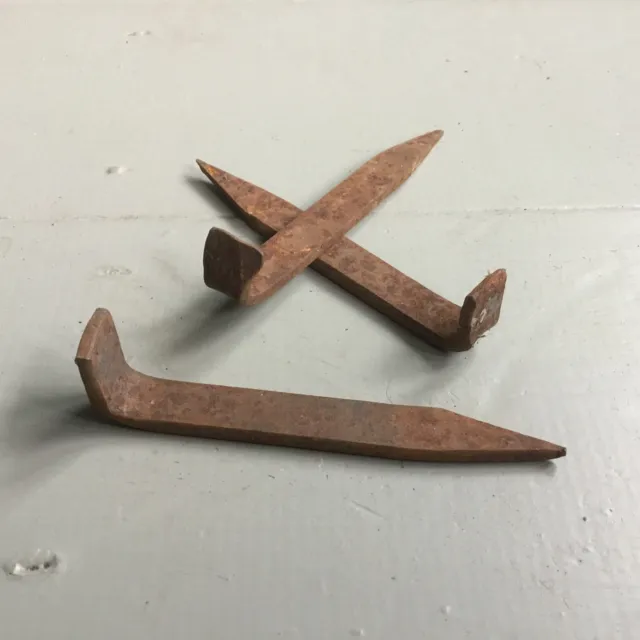 Set Of 3 Antique Vintage 5” Rusty Metal Steel Hooks Brackets. Hammer In To Wall