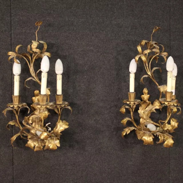 Pair wall lights gilded metal wall antique style 4 lights flowers 60s vintage