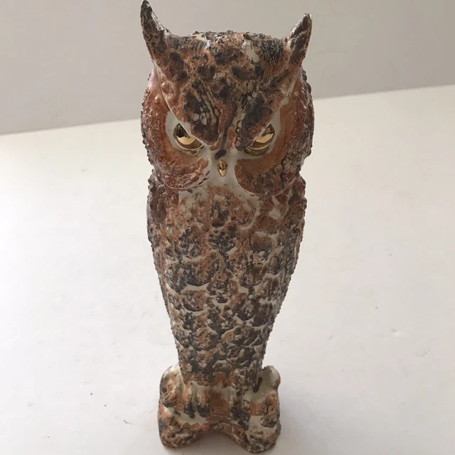 Vintage Ceramic Owl Figurine- Volcanic Lava Glaze w/ Painted Gold Eyes 9" - MCM