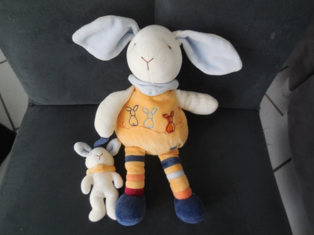 doudou peluche lapin jaune orange + bébé BABY NAT' 26cm