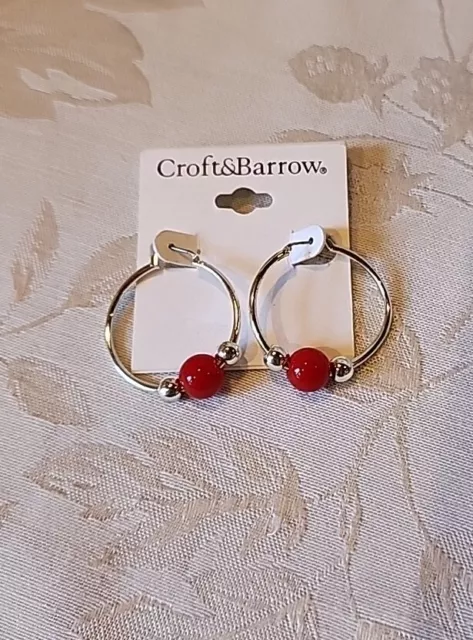 Croft & Barrow Silvertone And Red Hoop Earrings New 1 1/4" Hoops