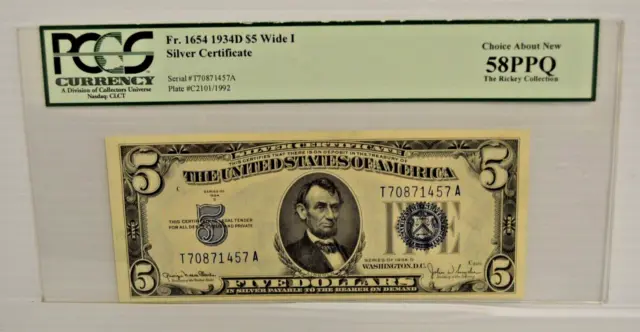 Pcgs 1934-D $5 Silver Certificate, Wide I, The Rickey Collection, 58Ppq