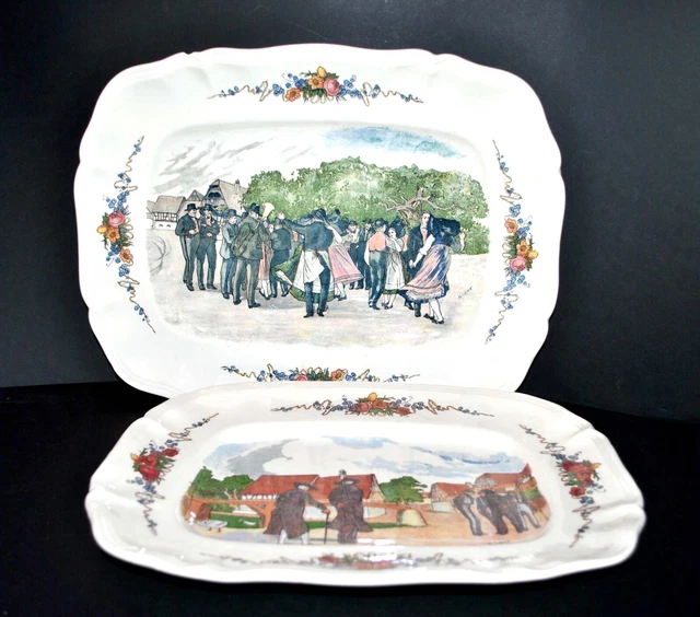 Lot 2 plats OBERNAI Faïence Sarreguemines -Danse Folklorique Alsace LOUX 32+37cm