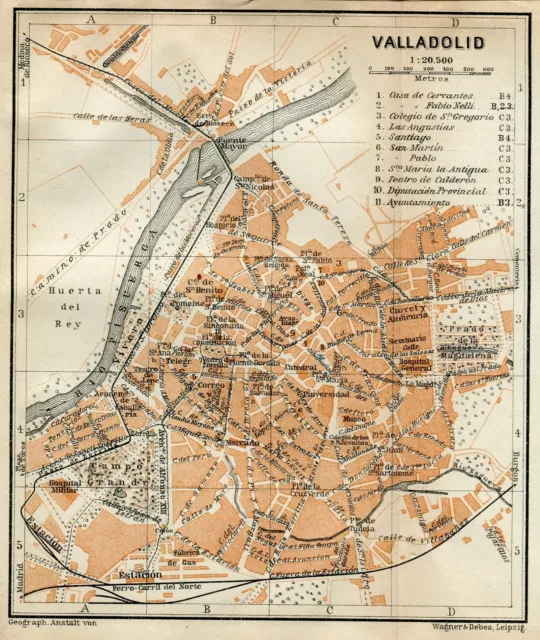 VALLADOLID SPAIN OLD antique map 1913 Baedekers TOWN PLAN CARTE 