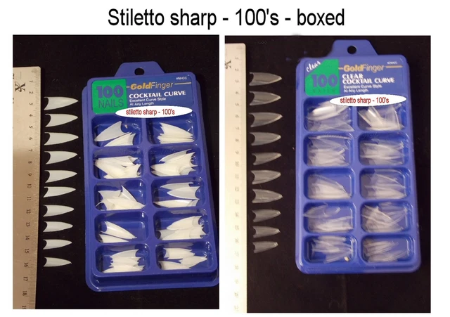 Stiletto Nail Tips False Nail Half Cover - Goldfinger - 100 Boxed -Natural/Clear